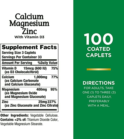 Nature's Bounty Calcium Magnesium & Zinc Caplets, 100 Count